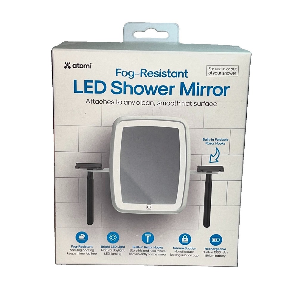 Atomi Fog Resistant LED Shower Mirror Razor Hooks Suction Rechargeable New White